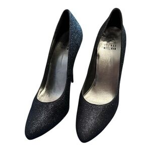 Stuart Weitzman Navy‎ Dagger Mini Glitter size 8.5 EU 5" Stiletto Heel Designer